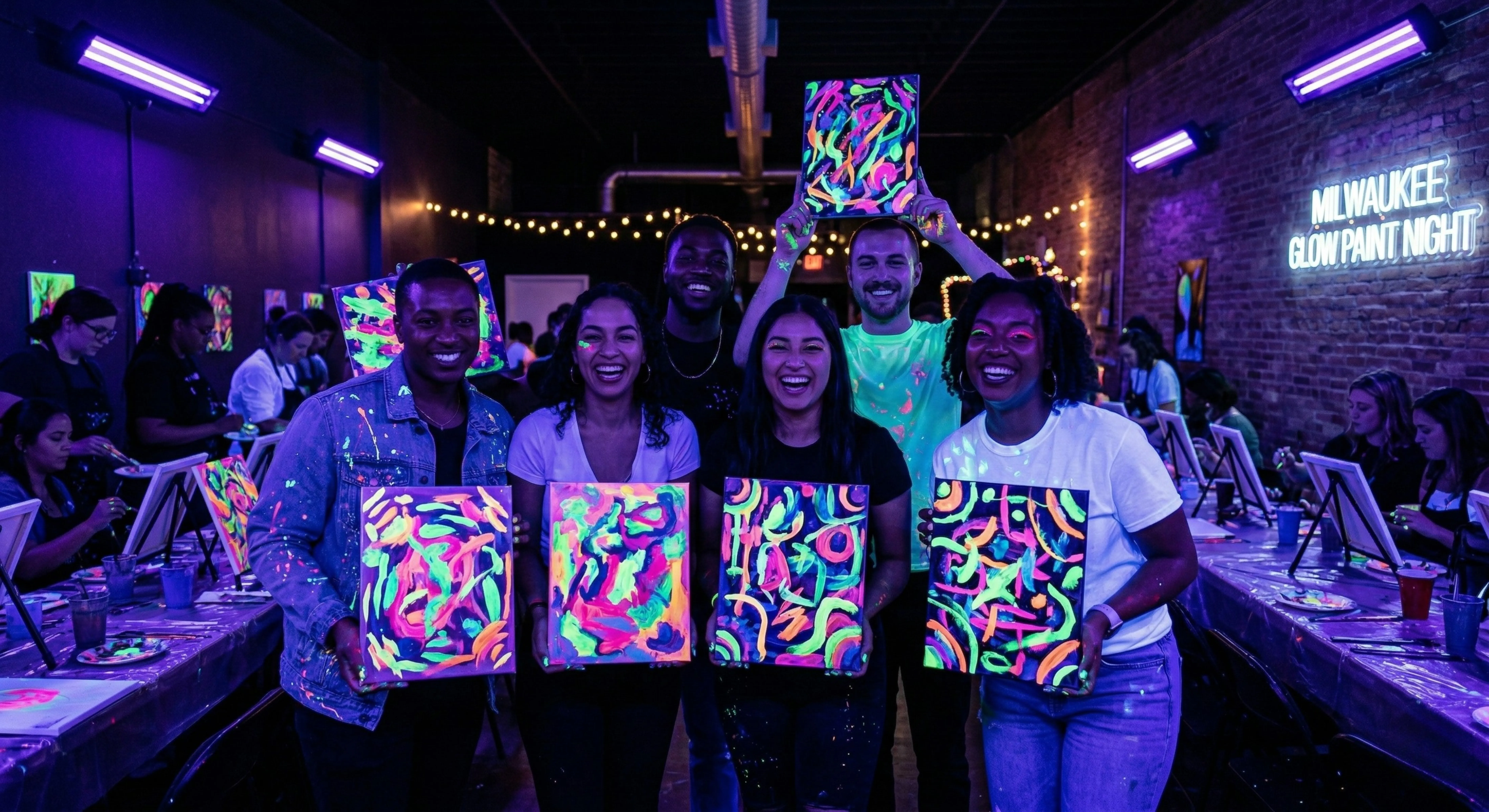 Group showing off finished paintings