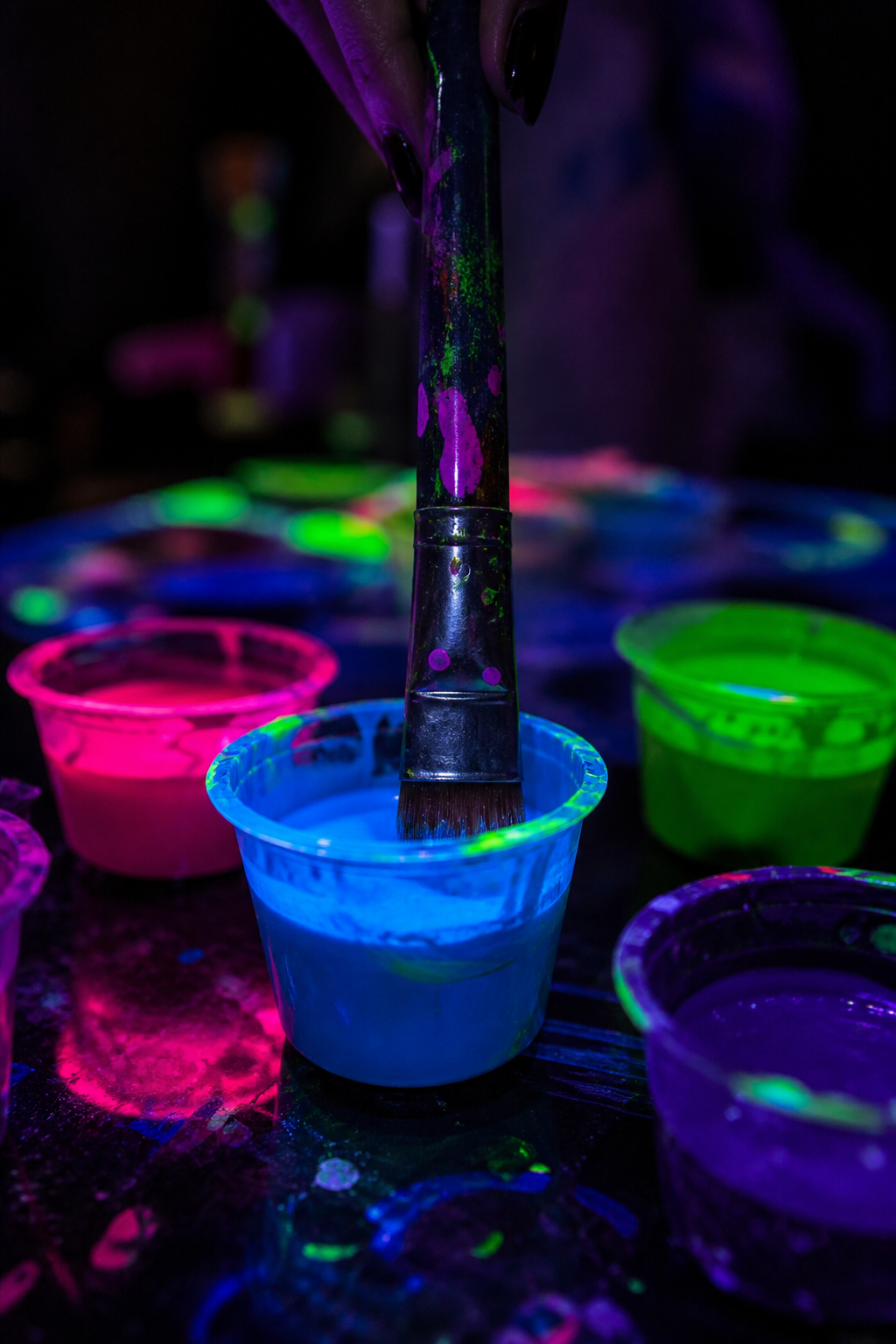 A paint brush dipped into a cup of glowing UV blacklight paint surrounded by neon paint cups