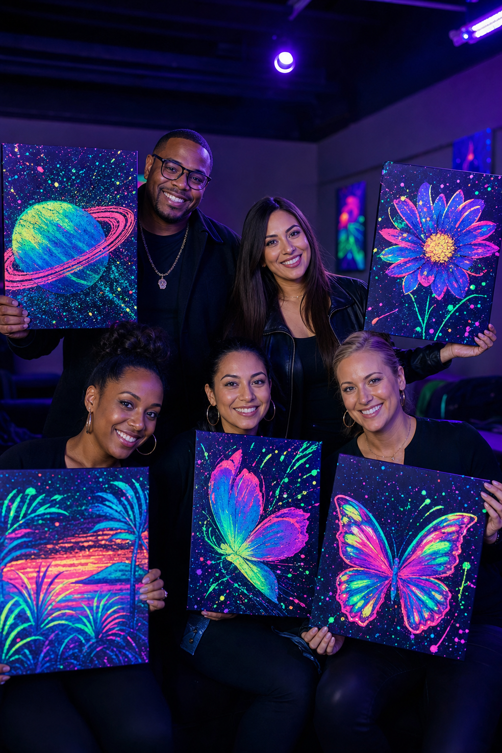 A smiling group of friends posing under UV lights holding their finished glowing canvases