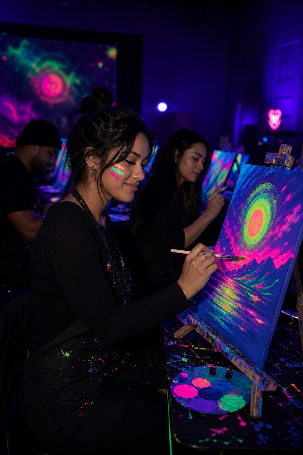 People painting glowing canvases at easels in a dark blacklight room