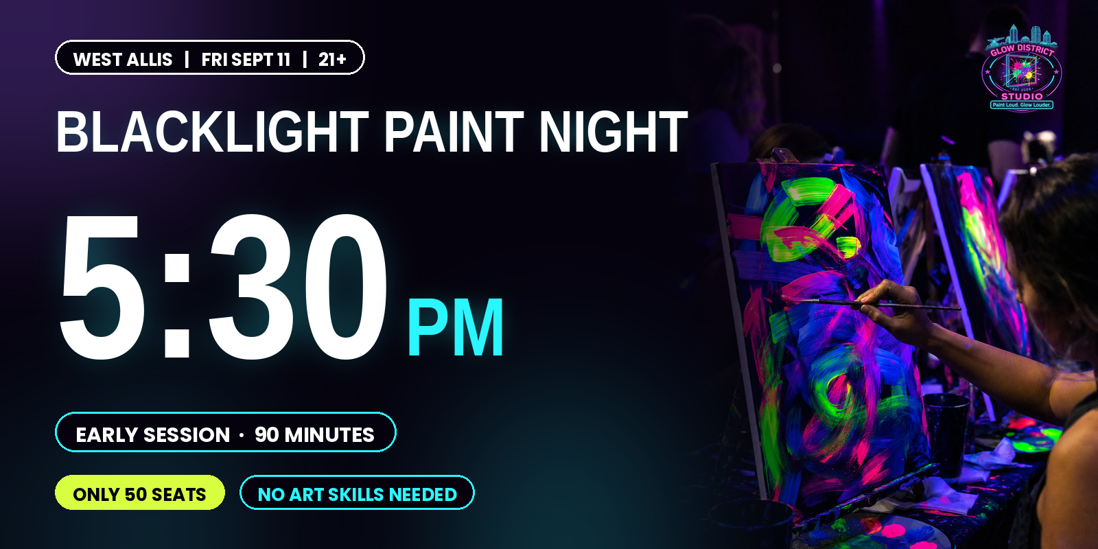 Blacklight Paint Night 5:30 PM session graphic, West Allis Sept 11
